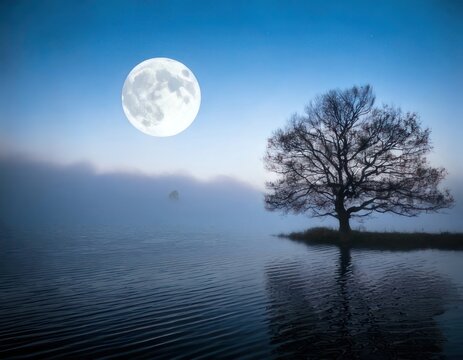 Moonlit tree on serene lake water.