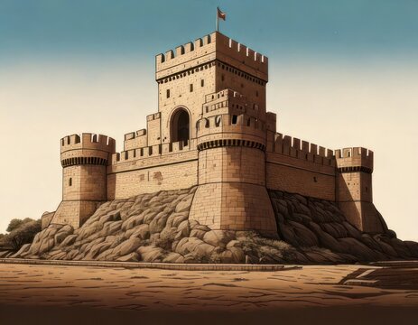 Medieval Castle on Rocky Hilltop Landscape.