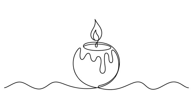 Continuous single line drawing of a round burning candle with dripping wax 