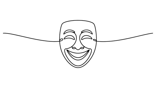 Continuous single line drawing of a happy theater mask with a smiling face