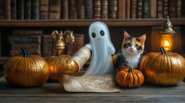 Halloween themed decorative pumpkins ghost plush toy parchment map and cat in library setting