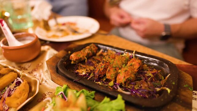 People Sharing Indian Appetizers Including Pakora and Samosa at Restaurant
