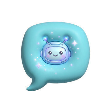 Cute AI chatbot assistant icon, adorable 3D robot character in a speech bubble, charming artificial intelligence concept for modern technology and communication designs