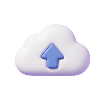 3D render cloud upload icon, a white fluffy cloud with a blue arrow pointing upwards, representing data transfer and file sharing, for digital storage and online services.