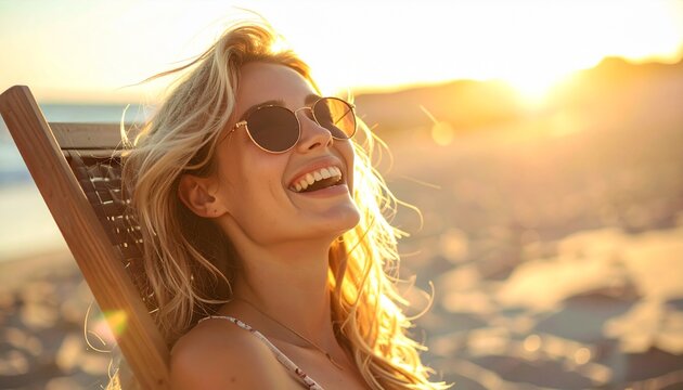 Happy woman laughing during an island vacation at golden hour on a sunny beach