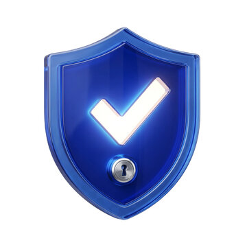 Blue security shield illustration, 3D render of a glossy protective shield with a glowing white checkmark, digital safety and data protection concept, secure online browsing symbol.