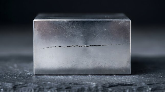 Solid steel metal block showing a horizontal stress fracture on a dark surface for structural failure analysis and industrial safety inspection concepts