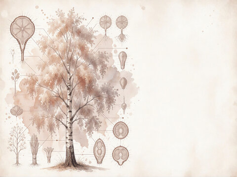 Botanical birch tree study with anatomical diagrams on aged paper