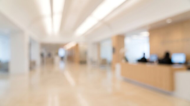 Blurred office lobby interior featuring reception desk and professional staff working at computers in bright modern corporate building environment for business background and corporate concept