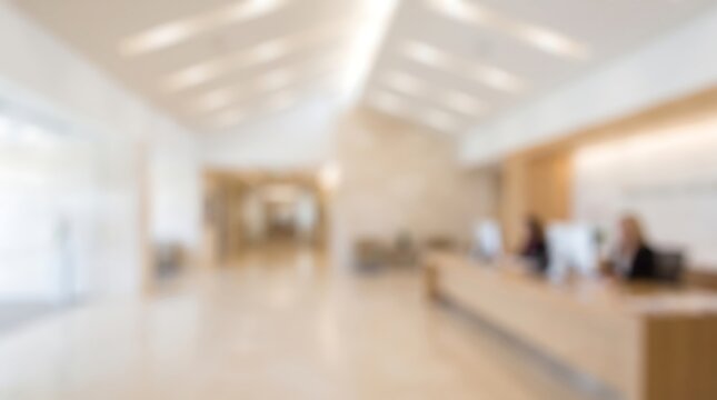 Abstract blurred background of modern office building reception area with staff working at front desk in bright sunlit lobby setting for corporate business or commercial use theme