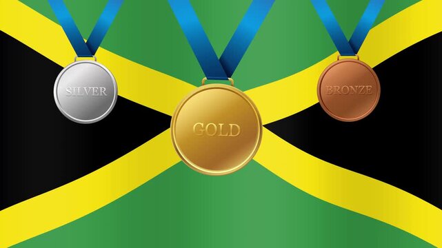 Waving Jamaica Flag with Gold Silver and Bronze Sports Medals