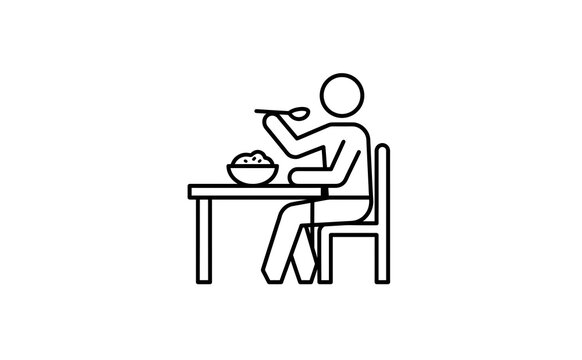 Person sitting at table eating meal from bowl icon illustration for dining and healthy nutrition.