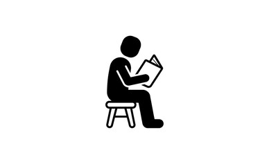 Student sitting on stool reading textbook icon design for academic learning and library use cases.