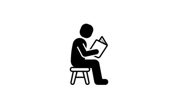 Student sitting on stool reading textbook icon design for academic learning and library use cases.