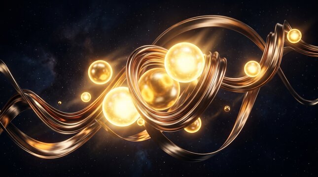 Golden Spheres Floating in Space with Glowing Ribbons and Cosmic Background. Futuristic Abstract Design with Metallic Textures