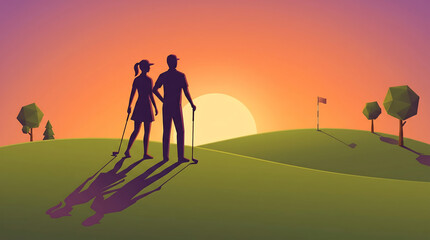 Fototapeta premium Couple golfing on a green hill during sunset vector illustration