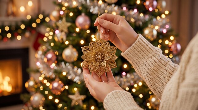 Person Holding Golden Christmas Ornament with Festive Tree Background. Holiday Decor, Seasonal Celebration, Winter Holiday Design