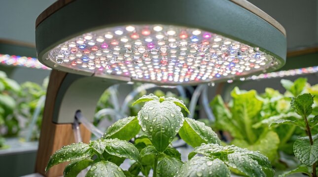 Led Grow Light Illuminating Hydroponic Basil Plants with Water Droplets. Indoor Gardening, Sustainable Agriculture, Plant Growth