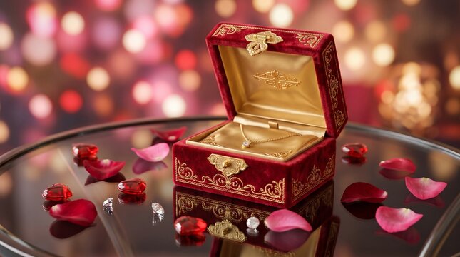 Red Velvet Jewelry Box with Gold Trim and Necklace. Luxury Gift Box with Rose Petals and Gemstones on Reflective Surface