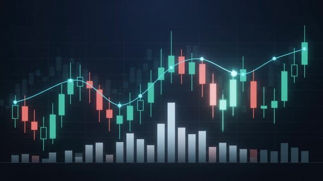 Financial market data visualization with abstract candlesticks, trend lines and volume bars for investment, banking, economic analysis and financial technology projects.