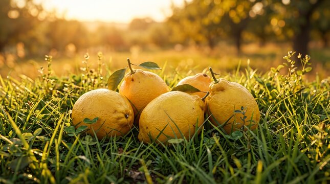 Lemons Nestled in Green Grass with Sunlight Glow. Fresh Citrus Fruit, Outdoor Harvest, Natural Garden Setting and Yellow