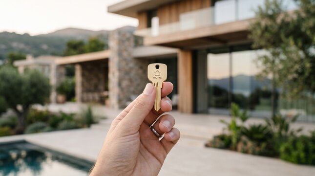 Hand Holding Brass House Key with Home Engraving. Modern Home Design, Real Estate, Property Access, Luxury Living
