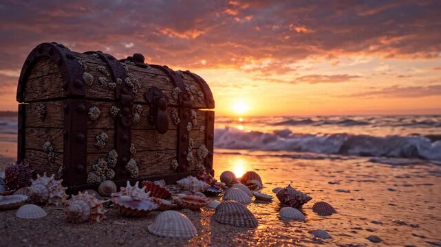 Mysterious wooden treasure chest on a sandy beach at a beautiful golden sunset.