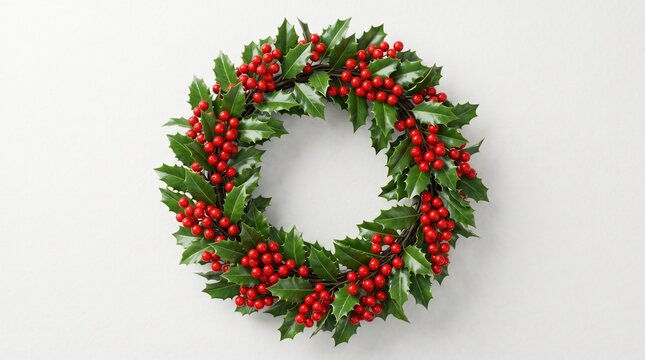 Holly Wreath with Red Berries and Spiky Green Leaves. Holiday Decoration, Festive Seasonal Design and Christmas