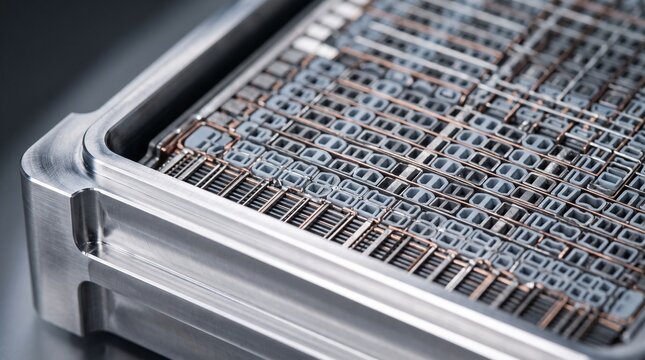 Solid-State Battery Cell Grid with Copper Wiring and Metallic Casing. High-Tech Energy Storage Design for Advanced Electronics