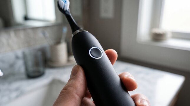 Black Electric Toothbrush Handle with Circular Power Button Held in Hand. Modern Dental Hygiene Tool, Bathroom Setting, Close-Up V