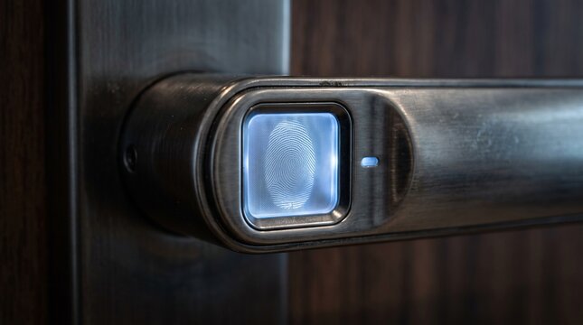 Biometric Fingerprint Door Handle with Illuminated Scanner and Blue Light. Modern Security Access Control System