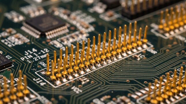 Circuit Board with Gold Contact Pins and Electronic Components. Green Pcb with Soldered Connectors and Microchip.