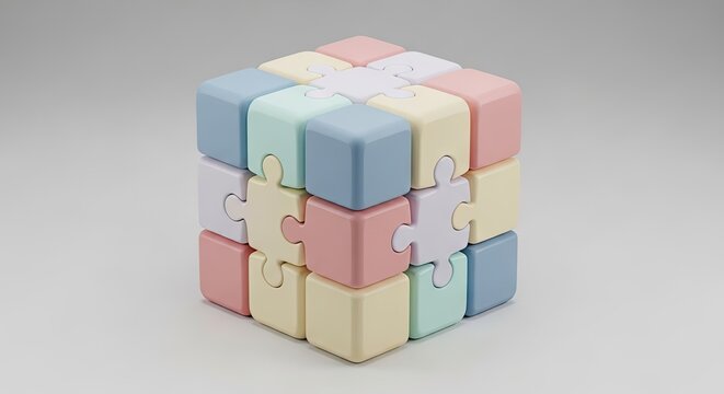 3D pastel jigsaw puzzle cube assembly.