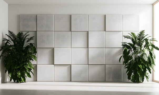 A cheerful, simple podcasting area adorned with light grey acoustic panels in a stylish pattern, complemented by large planters on either side.