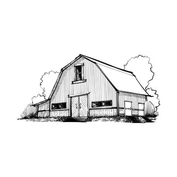 Architect sketch of old barn with environment using hatching technique with black line in vector file 