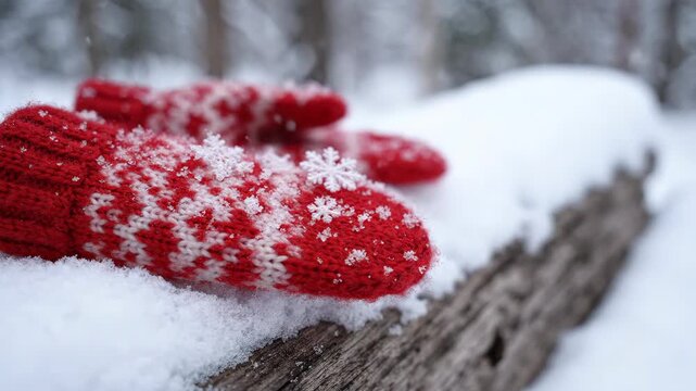 Cozy red knit mittens with intricate patterns and snowflakes on a snowy log.