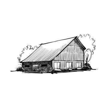 Hand drawn architect sketch style of old barn using black line and hatching technique in vector file 
