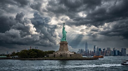 Statue of Liberty under dramatic cloudy sky with city skyline © Khadija
