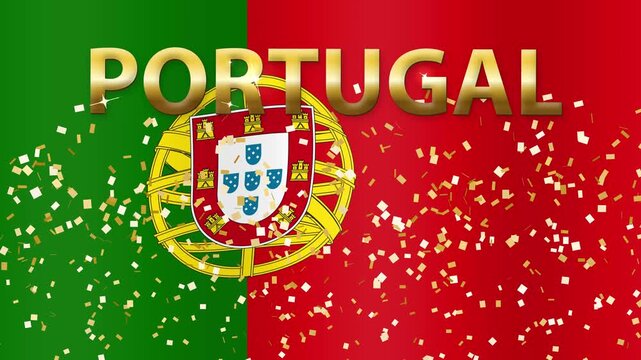 Waving Portugal Flag with Gold Text and Falling Confetti Animation