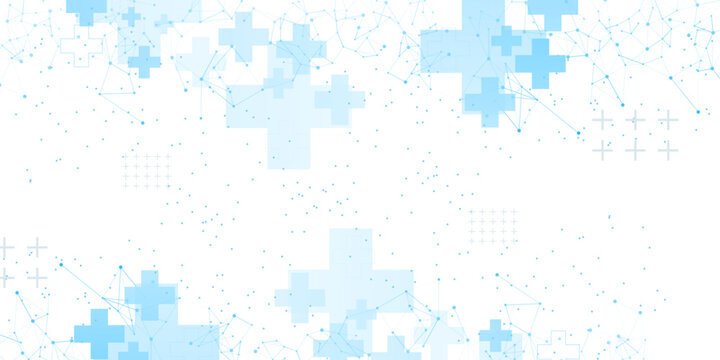 Abstract blue medical crosses and connected dots form a digital network background, ideal for healthcare technology and science presentations.
