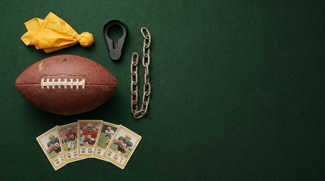Football collectibles arranged with yellow whistle, chain, trading cards on green background