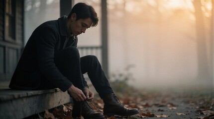 Fototapeta premium A young man sits on a wooden porch tying his leather boots in a misty autumn forest setting.