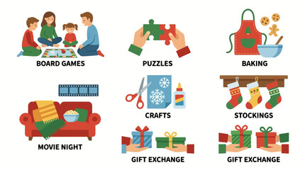 Fototapeta premium Collection of christmas family activities icons with board games, movie night