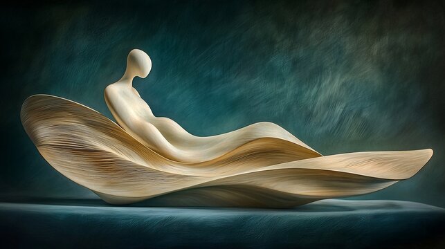 Abstract wood sculpture of a reclining figure on a flowing, leaf-like form.