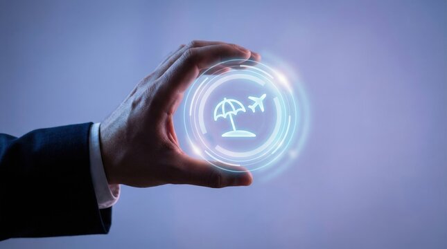 Digital global business online travel planning vacation booking concept with hand holding glowing hologram of airplane and beach umbrella icon
