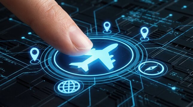 Digital global business travel planning and vacation booking online concept with finger touching airplane icon on futuristic screen