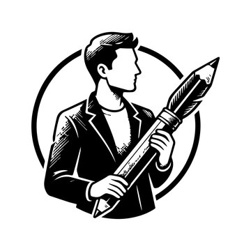 A stylized black and white illustration of a man holding a large drawing pencil.