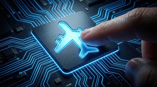 Digital global business online travel planning vacation booking concept with finger pressing airplane icon on circuit board