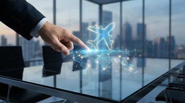 Digital global business travel planning and online vacation booking concept with hand pointing at airplane icon on glass table