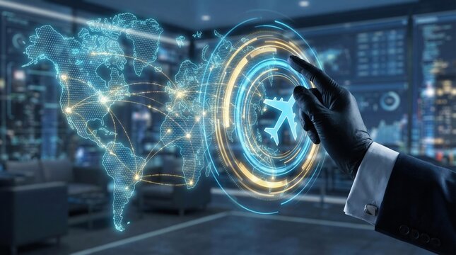 Digital global business travel planning and online vacation booking concept with hand pointing at airplane icon on futuristic screen